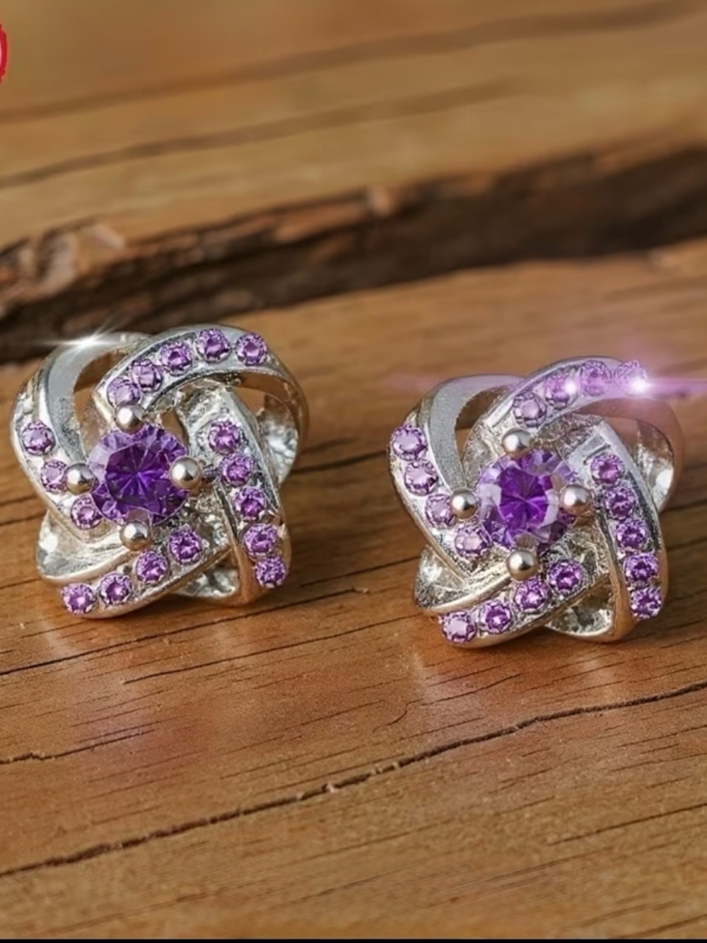 925 Sterling Silver and Purple Moissanite Crystal Knot Stud Earrings
